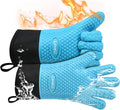 Kitchen Oven Gloves - Dual-Layer Heat Resistant Grilling Gloves, Silicone Oven Mitts with 5 Fingers, Waterproof Non-Slip Pot Holder for Barbecue, Cooking, Baking (Blue, Long)