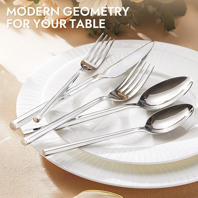KINGSTONE 5-Piece Silverware Set, 18/10 Stainless Steel Flatware Cutlery Set with Hexagon Handle, for Hotel, Home, Party, Wedding Gift, Mirror Polish and Dishwasher Safe