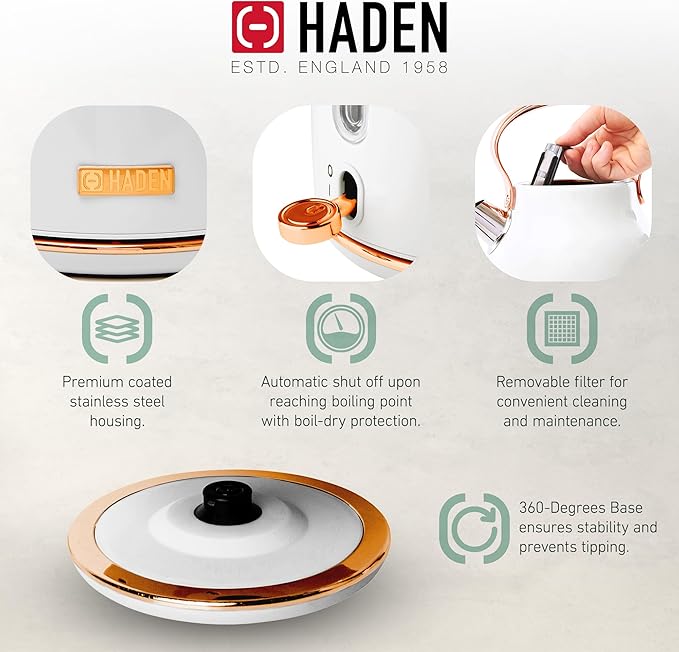Haden Heritage 4 Slice Wide Slot Stainless Steel Toaster Bundled with 1.7 Liter Stainless Steel Electric Water Kettle, Ivory & Copper