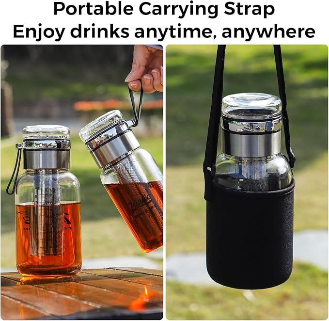 Glass Cold Brew Coffee Maker with Extended Fine Mesh Filter, Tea Infuser Bottle Iced Coffee Maker with Thick Borosilicate Glass (500ml/17oz)