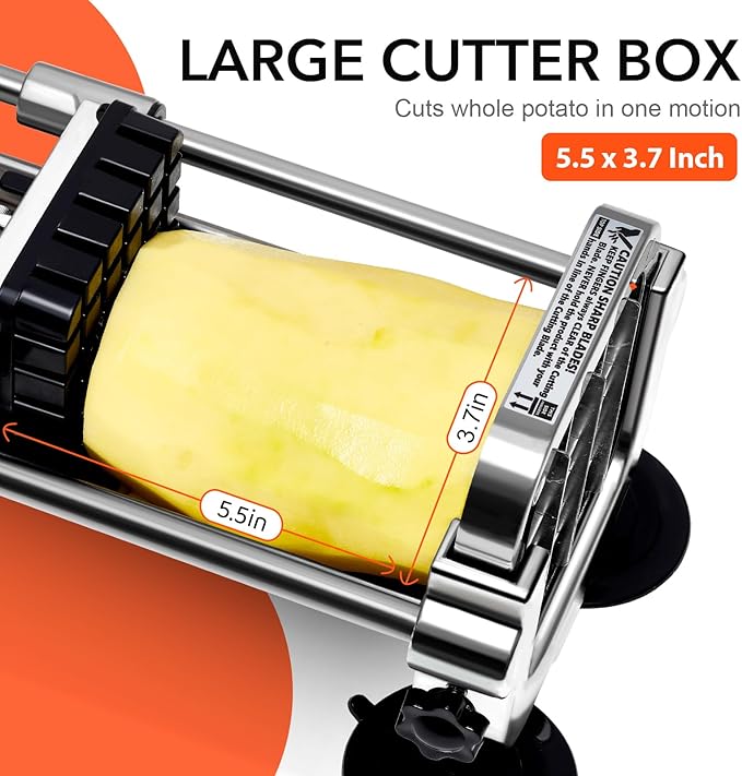 French Fry Cutter, Stainless Steel Potato Cutter with 1/2 Inch and 3/8 Inch Blades, (Manual Cutter, 1/2'' & 3/8'' Blade)