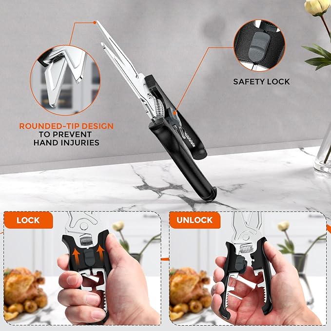 Multifunctional Kitchen Scissors - Kitchen Shears with Magnetic Holder & Safety Lock, Heavy Duty Poultry Shears, Stainless Steel for Chicken Meat Cutting Turkey, Vegetables