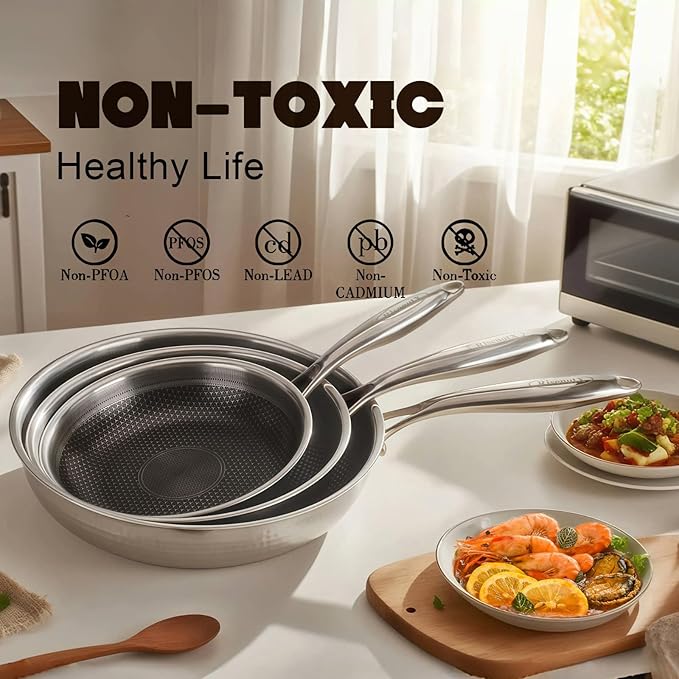 Hybrid 10 inch Stainless Steel Non Stick Skillet,Frying Pans Nonstick, PFOA Free Cookware, Dishwasher and Oven Safe, Induction Compatible
