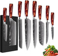 8-Piece Premium Japanese Kitchen Knife Set - Imperial Collection, Laser Damascus Pattern, 440A Stainless Steel Ultra Sharp for Fast Cutting (DMS-8A-Red)