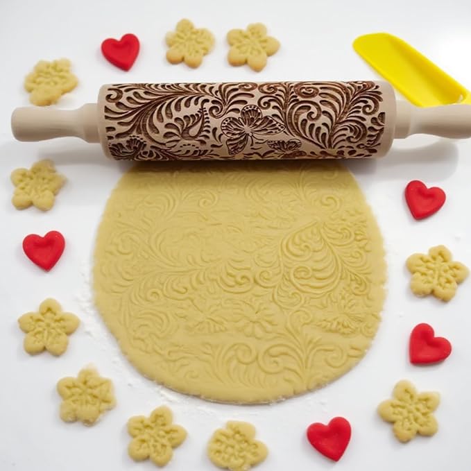 Embossed Rolling Pin 2 Pack, Wooden Non Stick Rolling Pin for Baking with Pattern Designs, French Pastry Dough Roller for Cookies, Pie Crust, Fondant, Kitchen Baking Tools Supplies Set (2 Piece)