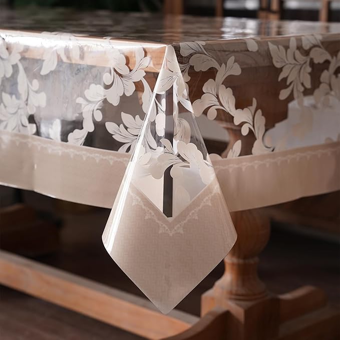 Vinyl Table Cloth Rectangle Clear Table Cover Protector with Block Printed Pattern Oil Spill Proof Farmhouse Rustic Plastic Table Covers for Dining Tables (Scroll Grass, 55 x 84 Inches)