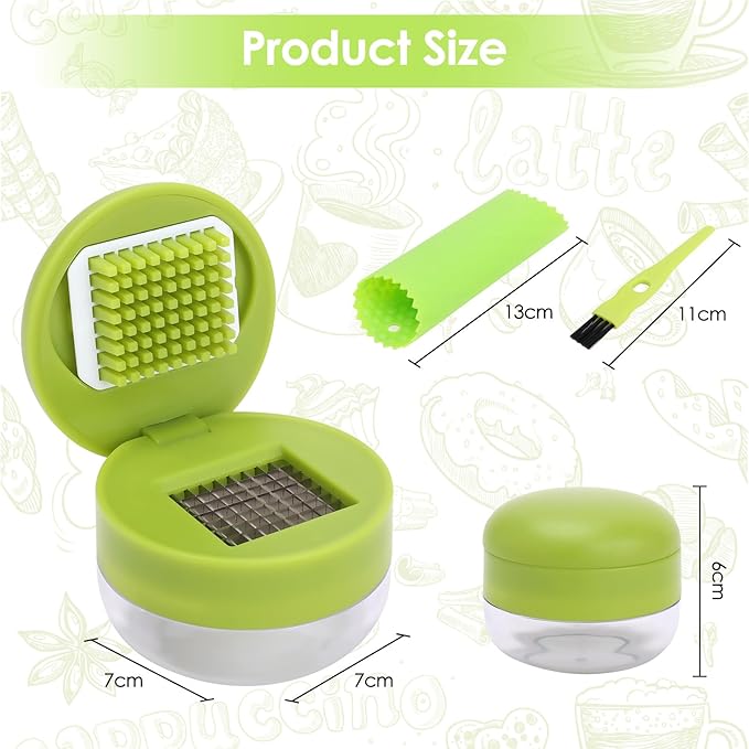 2 Pcs Garlic Press Set, Stainless Steel Garlics Crusher with Silicone Peeler and Cleaner Brush, Easy to Use Garlic Chopper for Shredded Garlic, Ginger and Fruit