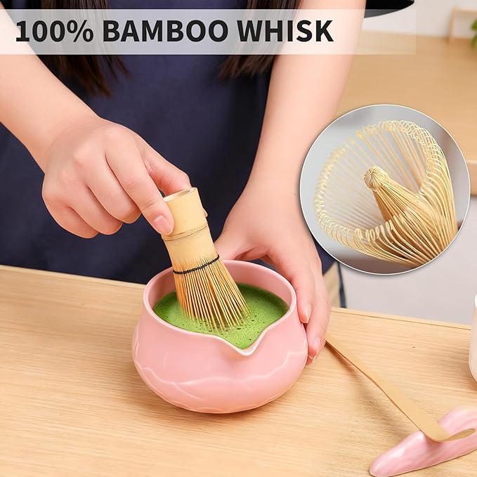 8 Pcs Matcha Whisk Set with Ceramic Bowl, Scoop Rest, Sifter, Tea Mat, Greeting Card, Whisk Holder, Bamboo Whisk and Scoop, Perfect Present for Friend Family Matcha Tea Lovers, Ceremony Kit