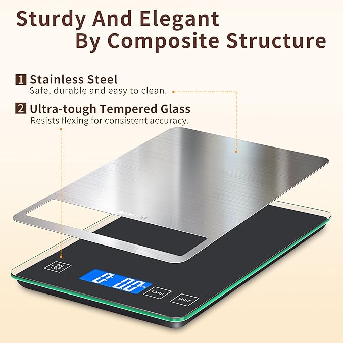 Food Scale, 33lb Digital Kitchen Scale with Stainless Steel & Tempered Glass, USB Rechargeable, 1g / 0.05oz Precise Graduation, Waterproof and Sturdy Surface, for Cooking, Baking, Weight Loss