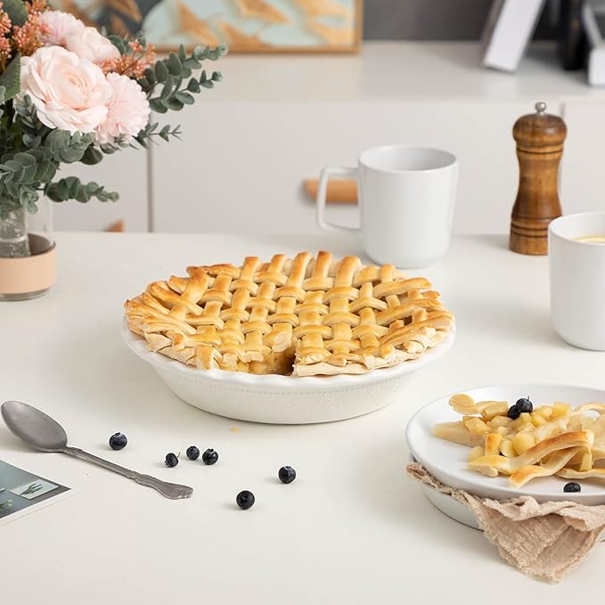 Fun Elements Pie Pan, 9 Inch Ceramic Pie Dish, Deep Dish Pie Pan with Lace Emboss, Ruffled Pie Plate for Baking, Thanksgiving Christmas Gifts(Bright White)
