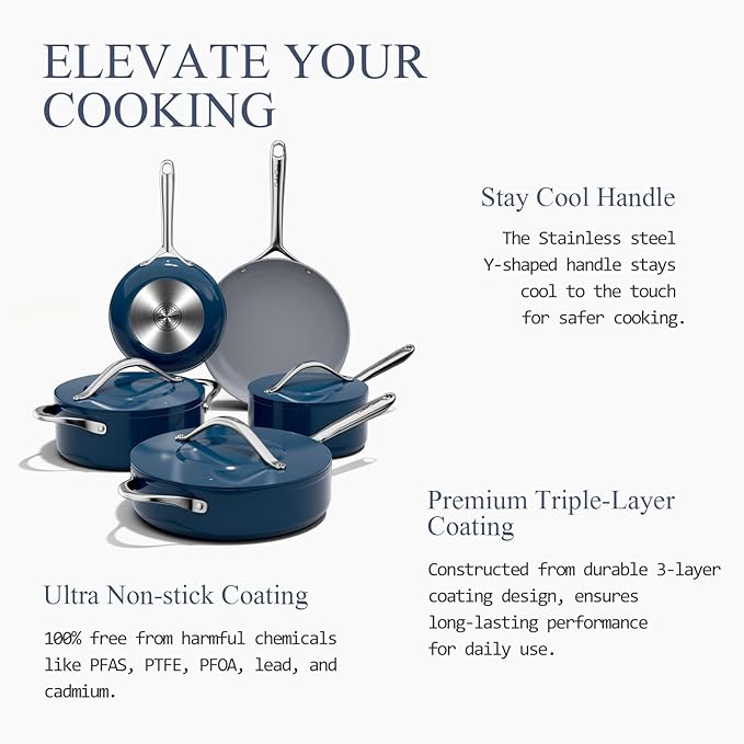 Ceramic Cookware Set Nonstick Pots and Pans Set with Lid PFAS-Free Non Toxic Cookware Set with Advanced G7 Ceramic Coating, Oven Safe Up To 500°F, Quick & Even Heat Distribution, Navy Blue