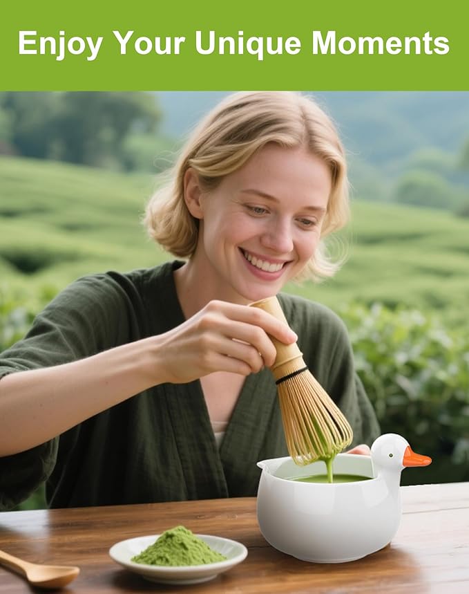 Matcha Whisk Set, Matcha Set with Cute Duck Inspired Matcha Bowl with Spout & Handle, Bamboo Whisk (Chasen), Holder, Scoop, Sifter, Complete Matcha Kit for Latte, Gifts