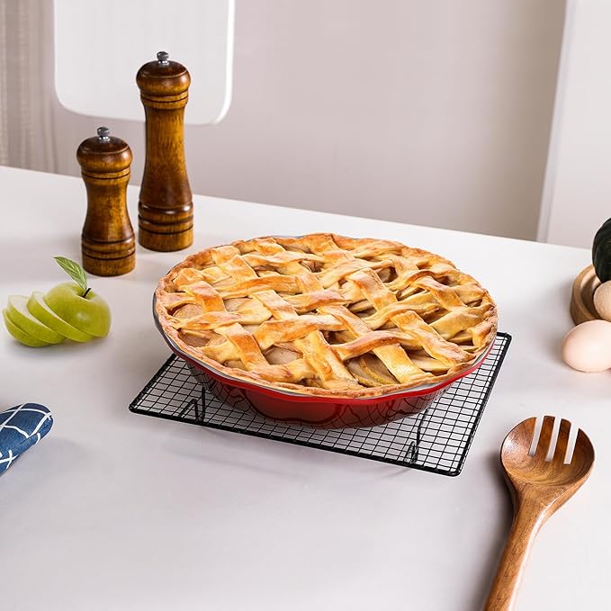 Lareina Deep Dish Pie Pan for Baking, 9 Inch Ceramic Fluted Pie Dish for Apple, Quiche, Pecan, Pot Pies, 53 Ounce Round Pie Plate, Set of 2, Red