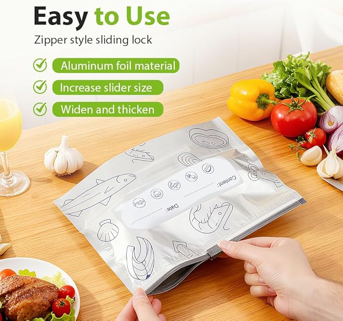 Reusable Aluminum Foil Sealable Storage Bags, 2026 New Resealable Vacuum Zipper Pouches, Stand Up Foil Sealable Bags with Label and Zip Lock for Kitchen (20, Large)