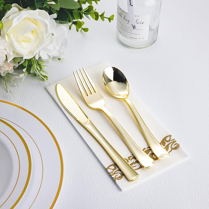 N9R 200PCS Gold Plastic Silverware Set, Heavy Duty Spoons and Forks Silver Plastic Cutlery Including 100pcs Forks, 50pcs Spoons, 50pcs Knives, Disposable Silverware for Party,Wedding, and Everyday Use
