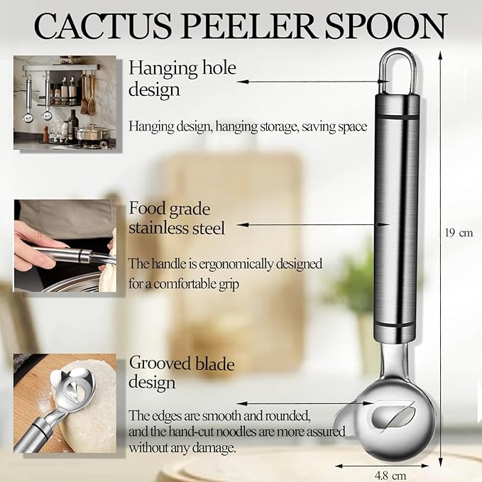 3Pcs Cactus Peeler Spoon, Stainless Steel Cuchara Pelador de Nopales, Multi-Function Cactus Peeling Knife Tool, Sliced Chinese Noodle Cutter for Kitchen Gadgets Accessory