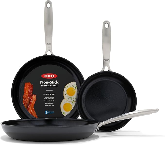 OXO Enhanced, 8" 10" and 12" 3 Piece Frying Pan Skillet Set, Healthy Ceramic Nonstick, PFAS-Free, Stainless Steel Handle, Dishwasher Safe, Oven Safe, Black