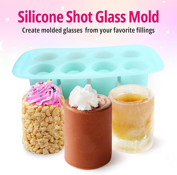 Silicone Shot Glass Mold 8-Cavity – Edible Candy Shot Mold for Chocolate, Ice, Jelly, Gummy, Juice Shots – Reusable Nonstick Silicone Molds for Baking, Parties, Gifts, Holidays, Bars