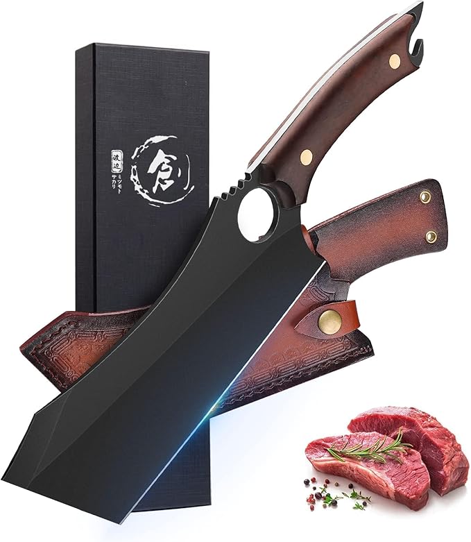 Dream Reach Meat Cleaver, 6.9 inch Black Boning Knife, High Carbon Steel Sharp Kitchen Forged In Fire Knife with Sheath Gift Box Bottle Opener for Outdoor Camping