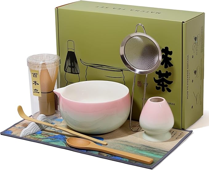 Matcha Whisk Set with Ceramic Bowl - Bamboo Whisk (Chasen), Scoop, Sifter & Holder - Complete Kit for Traditional Matcha Tea - Unique Gifts for Tea Lovers (Sakura Moss Fade)