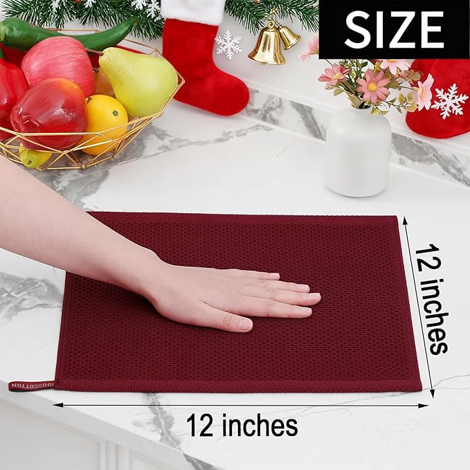 Homaxy 100% Cotton Waffle Weave Kitchen Dish Cloths, Ultra Soft Absorbent Quick Drying Dish Towels, 12 x 12 Inches, 8-Pack, Burgundy