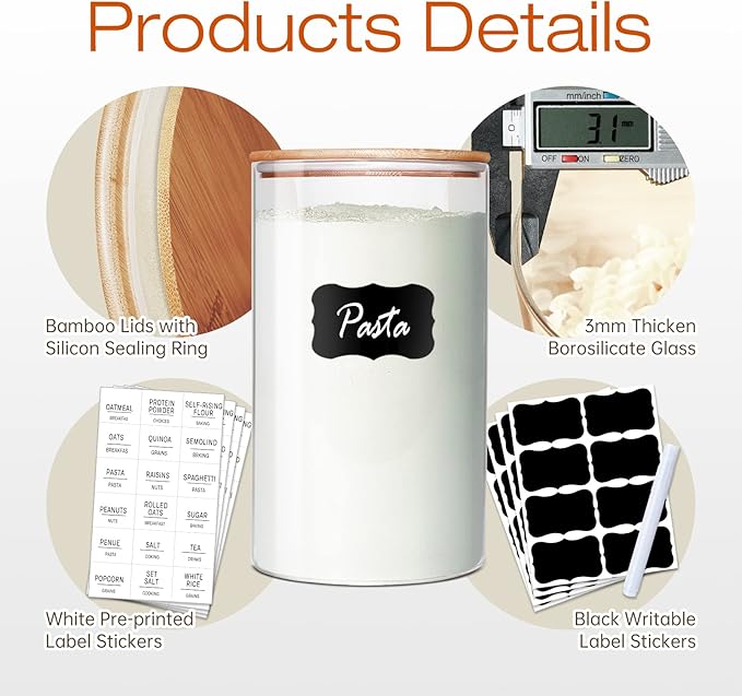 Large Glass Flour and Sugar Containers 180oz x2 & 93oz x2 [Set of 4], Glass Food Storage Containers with Bamboo Lids, Glass Jar with Airtight Lid for Spaghetti Pasta,Rice,Cereal,Coffee, Oat