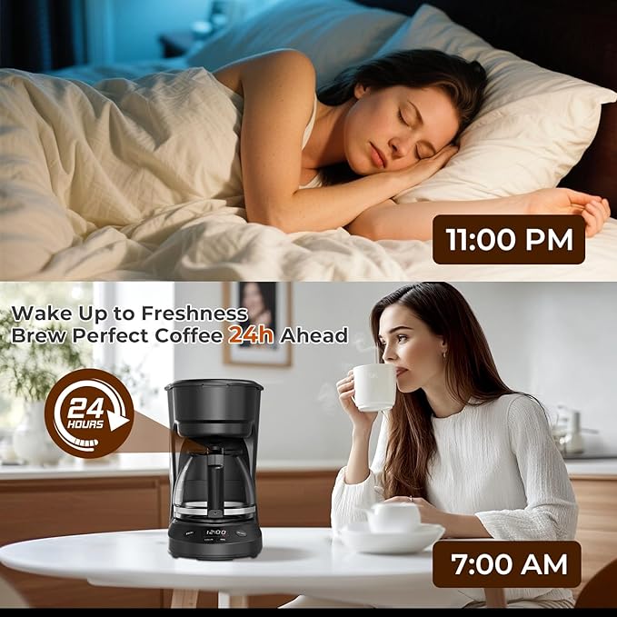Small 5-Cup Coffee Maker with 24h Programmable Timer, Drip Coffee Machine with Food-grade BPA-free Glass Carafe, 2h Keep Warm with Auto Shut-off, Delay Brew, 25oz Water Tank, Compact for Home/RV