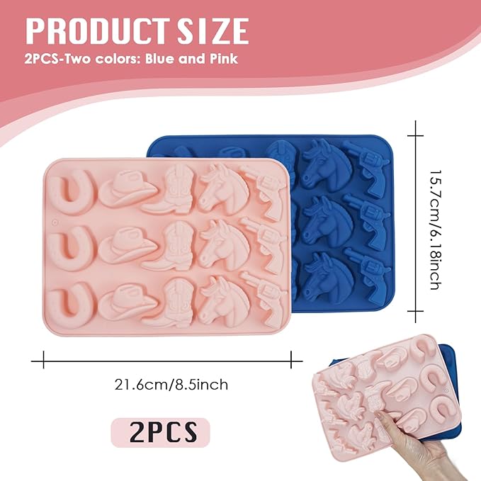 2 Pack Cowboy Chocolate Molds, Western Theme Silicone Mold Baking with Cowboy Hat, Cowboy Boot and Horse, Suitable for Making Chocolate, Candy, Cakes, Cupcakes, And Cookies Soaps (Pink and Blue-2PCS)