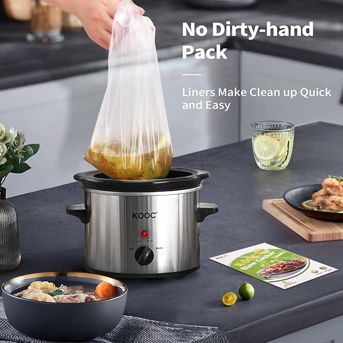 KOOC Small Slow Cooker, 2 Quart, Free Liners Included for Easy Clean-up, Upgraded Ceramic Crock, Adjustable Temp, Nutrient Loss Reduction, Stainless Steel, Silver, Round