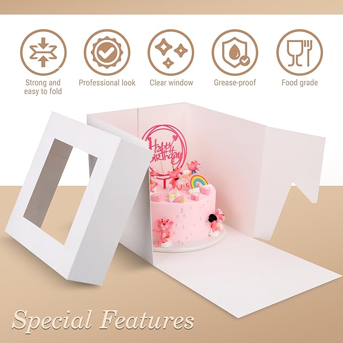 Cakebon Cake Boxes with Boards - 10 Inch Round Cake Drum White (1-pack) - Box With Window for Birthdays, Weddings and Parties
