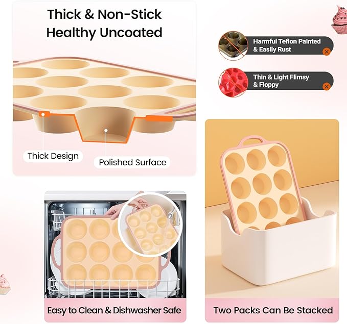 Silicone Muffin Pans for Baking 2 Pack, 2.6 Inch with Metal Reinforced Frame, Regular Size Nonstick Silicone Cupcake Pan for Baking Homemade Muffins, Cupcakes, Dishwasher Safe BPA Free-Yellow