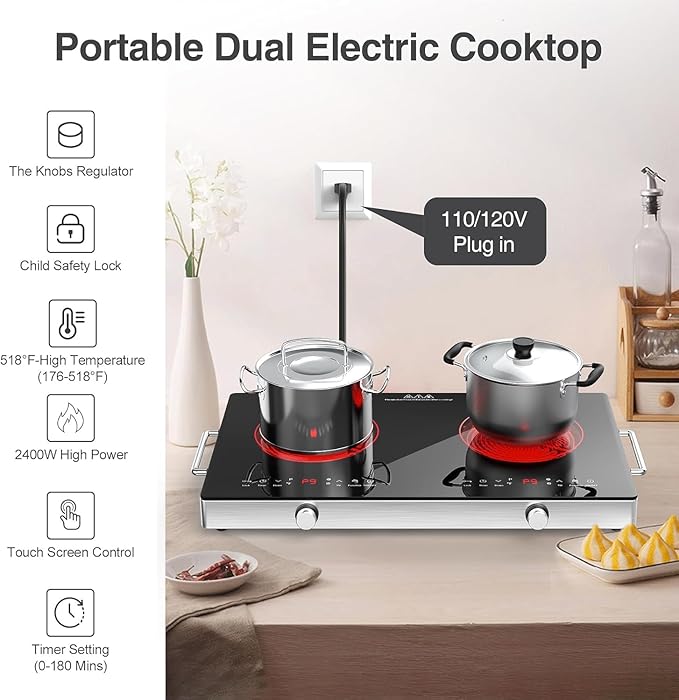 2 Burner Electric Cooktop, 110V 2400W Electric Stove Top, 24 Inch Hot Plate with Knob Control, Kids Lock & Timer, 9 Power Levels, LED Touch Control
