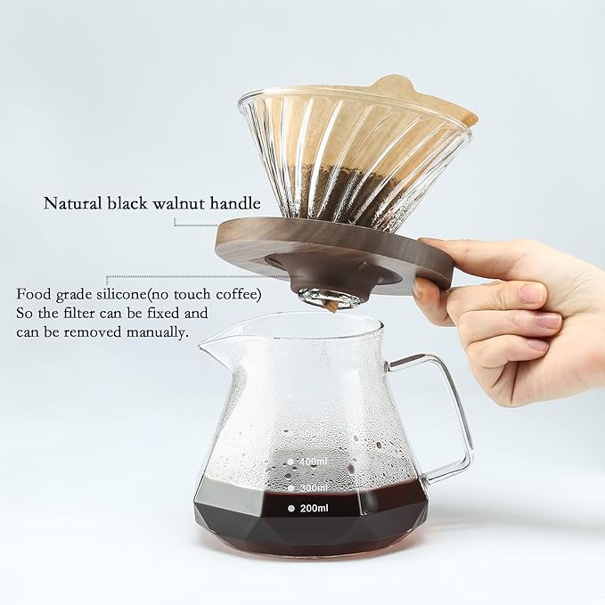 Pour Over Coffee Dripper with 100 pcs Size 02 Paper Filter, Walnut Handle and Borosilicate Glass, Glass Coffee Dripper, Hold for 1-4 Cups