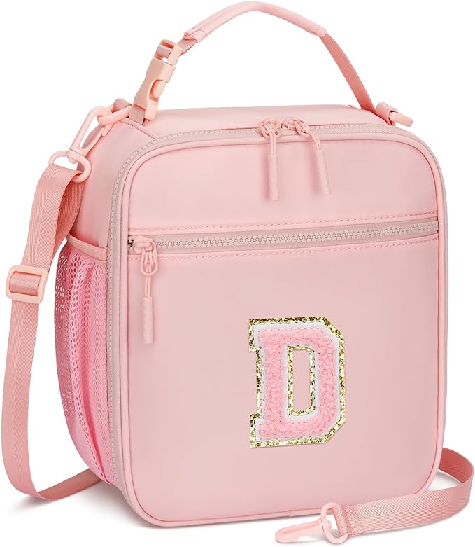 Initial Insulated Lunch Bag for Girls Kids, Back to School Gift, Reusable Leak-proof Lunch Box with Adjustable Strap for School Daycare Travel Picnic (Pink,D)