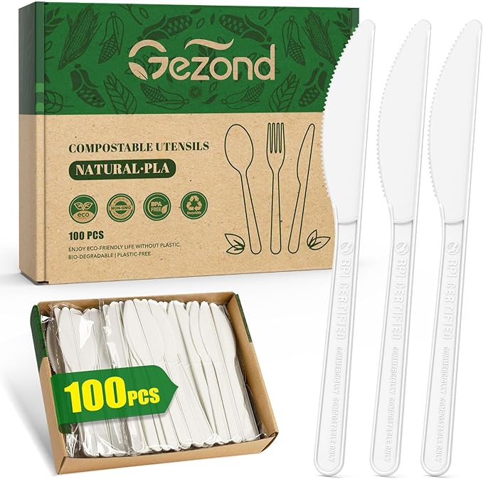 Gezond 100% Compostable Knives 100 Count, No Plastic Biodegradable PLA Knives Disposable Eco Friendly Heavy Duty Cutlery Suitable for Party Picnic Office Everyday Use