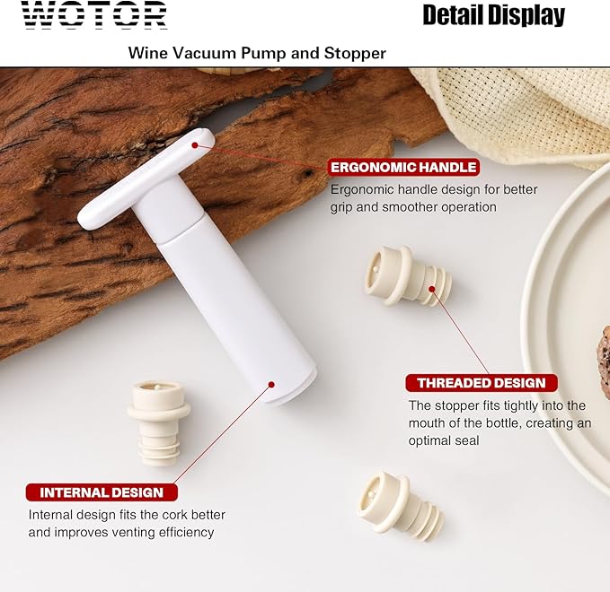 WOTOR Wine Saver Vacuum Pump with 20 Stoppers, Wine Stopper & Preserver, Reusable Bottle Sealer Keeps Fresh, Ideal Accessories Gift, Flat Handle (White)