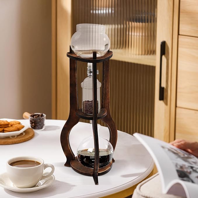 Cold Brew Coffee Maker, 600 ml/20.29 oz Iced Coffee Tower Dripper Coffee Maker & Tea Maker 6-8 Cups, High Borosilicate Glass, Wood, 304 Stainless Steel, Copper - for Home Office (Brown)