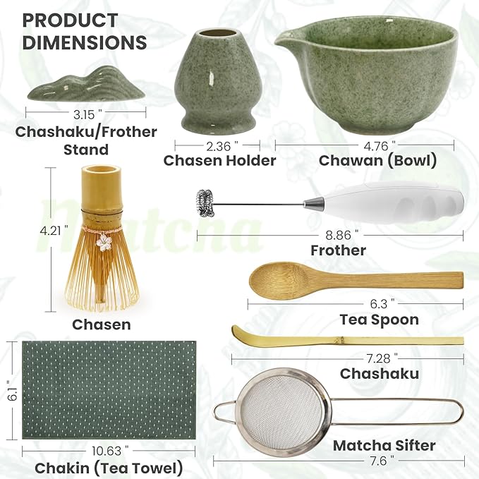 Matcha Whisk Set Incl. Ceramic Bowl With Spout, Whisk (Chasen), Stand, Bamboo Scoop, Sifter, Electric Frother, Tea Towel etc. 9 Pcs Matcha Making Starter Kit, Mottled Green