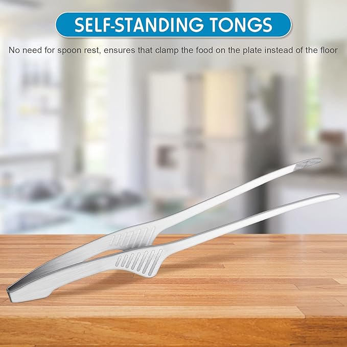 Patelai Korean and Japanese BBQ Tongs Non Slip Cooking Utensils Stainless Steel Tongs for Serving Food, Salad, Camping, Barbecue, Buffet, Oven with Support Stand(Silver,4 Pieces)