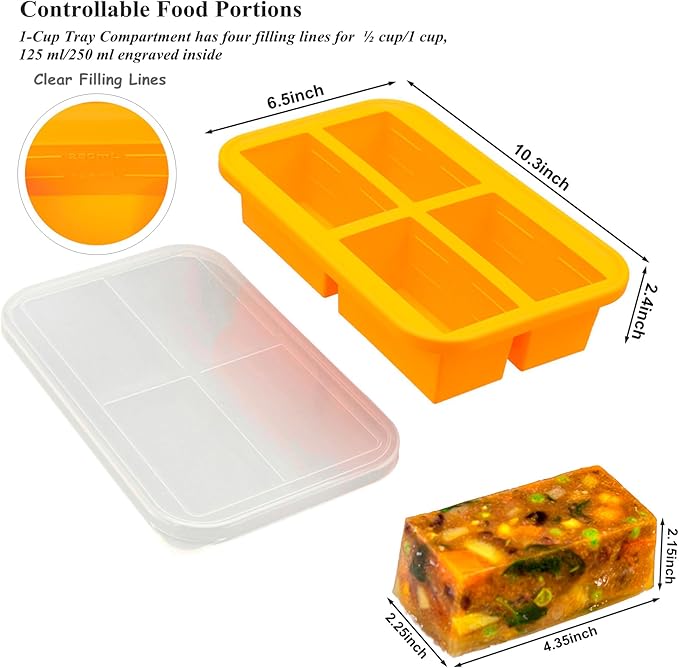Bangp 1-Cup Silicone Freezer Trays with Lid,2 Pack,Easy-Release Silicone Freezing Tray for Soup Ice Cubes,Soup Freezer Molds,Freeze & Store Broth,Sauce,Leftovers - Makes 8 Perfect 1 Cup Portions