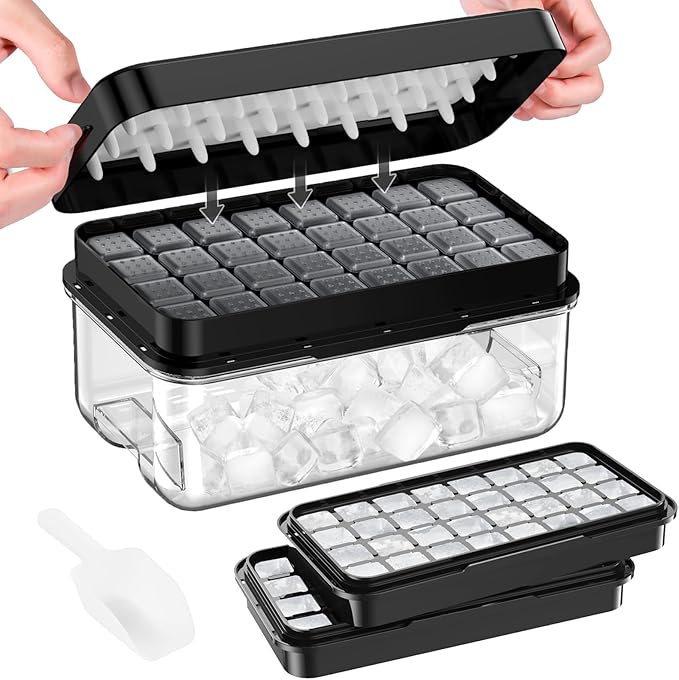 Ice Cube Tray with Lid and Bin, PHINOX 64 pcs Ice Trays for Freezer, Ice Cube Trays for Freezer with 2 trays, Container, Lid & Ice Scoop, BPA Free, Black