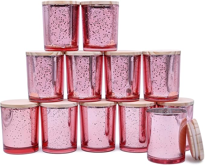 Thick Candle Jars for Making Candles 12 Pcs, 7 OZ Empty Jars with Wood Lids for Candle Making, Sample Container, Rose Pink