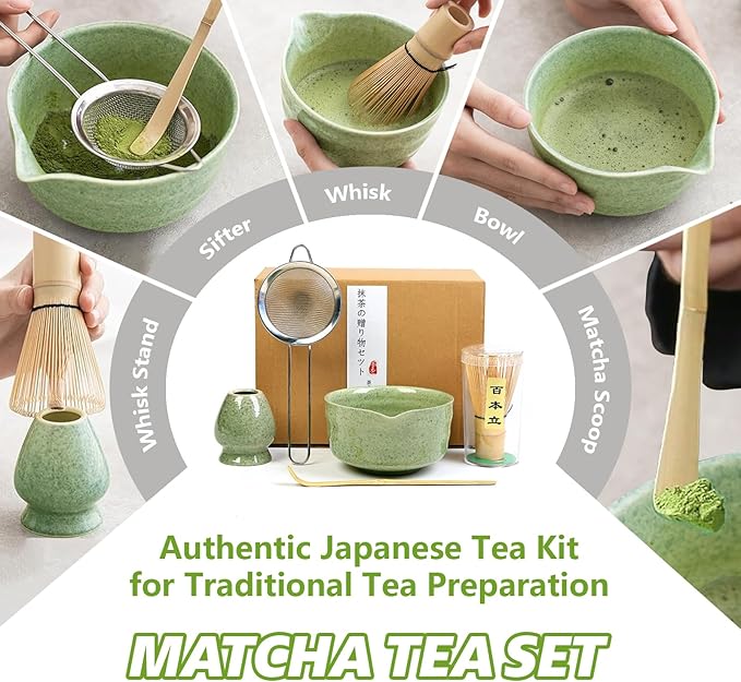 Matcha Whisk Set, 17oz Ceramic Bowl with Spout, Bamboo Matcha Scoop and Stainless Sifter - 5 Pcs Jade Green Matcha Kit, Matcha Kit for Making Breakfast/Latte,Gift for Matcha Lovers