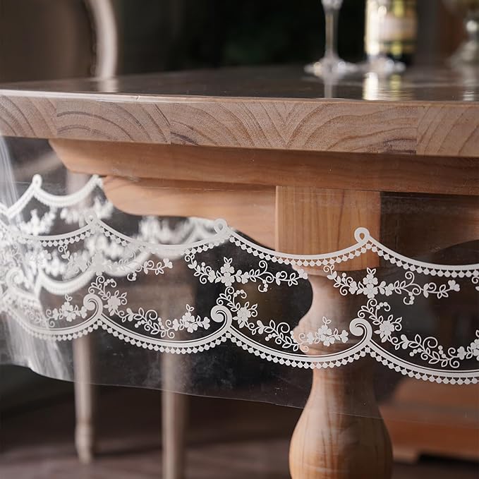 Clear Table Cover Protector Plastic Vinyl Table Cloth with White Lace Pattern Oil Spill Proof Plastic Tablecloths for Dining Tables Parties Holidays (French Lace, 60 x 120 Inches)