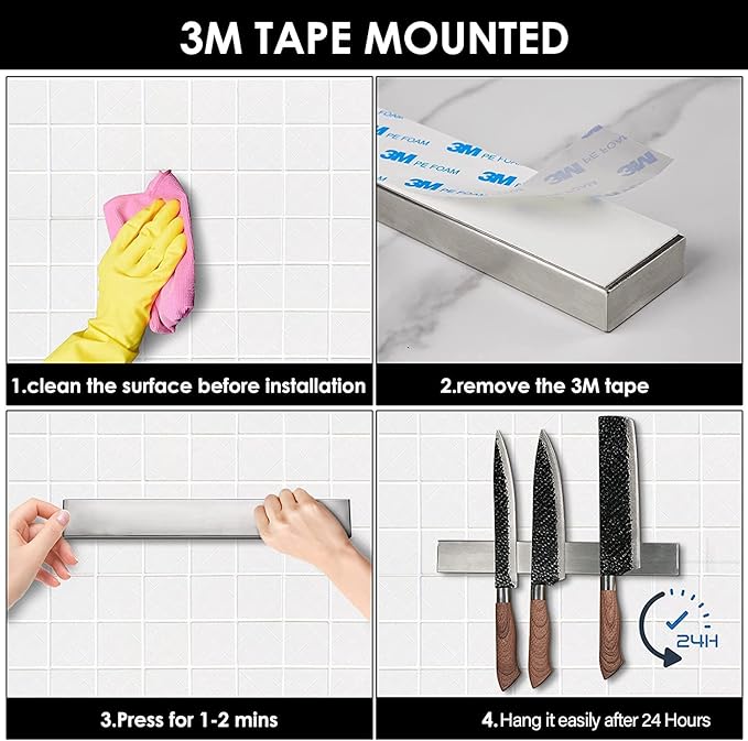 8 Inch Magnetic Knife Holder for Wall No Drill - Upgraded Stainless Steel Magnetic Knife Strip with 3M Type, Magnet Knife Strip Bar Rack for Kitchen Utensil & Tool Storage, Art Supply Essentials