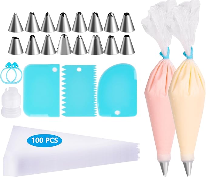 Piping Bags and Tips Set, 100pcs Pastry Bags Cakes Decorating Supplies Kit, 3 Cake Scraper, 2 Couplers, 16 Piping Tips, 2 Bag Ties (12 INCH)