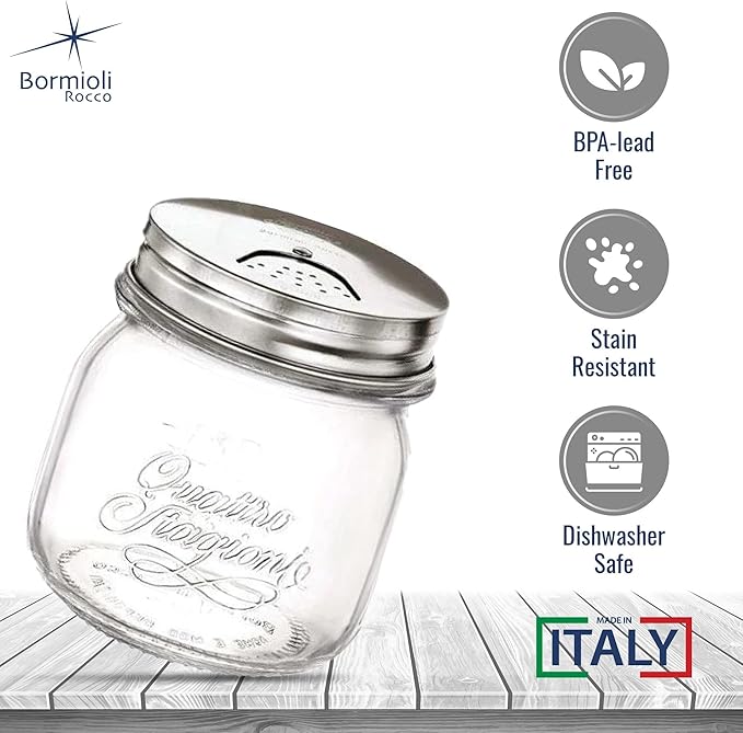 Bormioli Rocco Quattro Stagioni Spice Jar Set - 8.5 Oz, Durable Glass Mason Jars with Multi-Function Rotatable Lids, Stainless Steel Tops for Salt & Pepper - Made in Italy, Glass Spice Jars