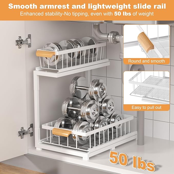 Under Sink Cabinet Organizer, 2-Tier Pull Out Storage Shelves, Adjustable Bathroom Kitchen Drawer (White, 2-Pack)