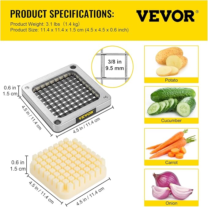 VEVOR Replacement Chopper Blade, 3/8 inch, 3 PCS French Fry Blade Assembly with 6 Extra Knives, Stainless Steel Dicer Parts and Push Block for Cutting Potatoes Carrots Onions Cucumbers Mushrooms