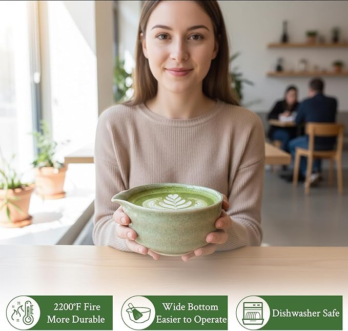 Matcha Whisk Set - Ceramic Matcha Set Includes Matcha Bowl, Whisk and Holder, Bamboo Scoop, Scoop Rest, Sifter and Tea Towel - 7 Pcs Ceremonial Gift Kit for Matcha Lovers (Pure Green)
